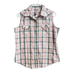 Wrangler Wrancher Shirts Women's Medium Sleeveless Pearl Snap Pink Blue White